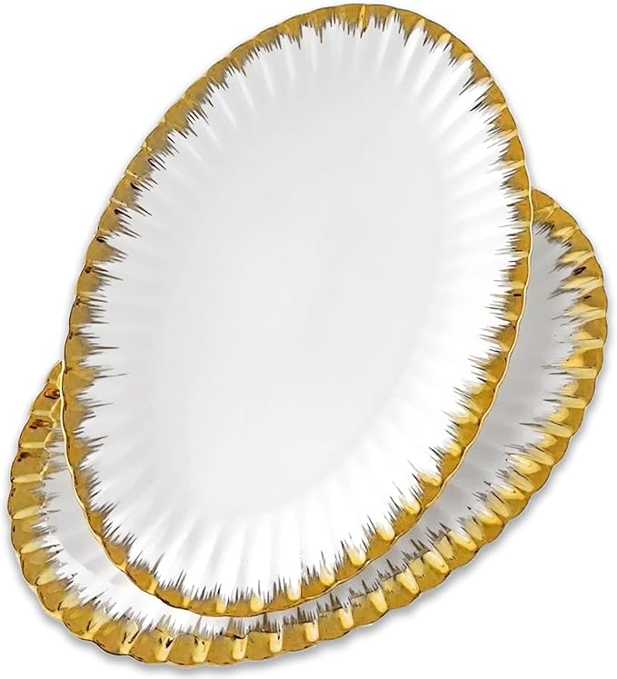 LETAOTAO Serving Platters, Ceramic Serving Platters Set of 4, 12 Inch Rectangular Serving Trays Dishes for Party Entertaining, White Dinner Plates with Gold Trim for Sushi Desserts Appetizers Salad