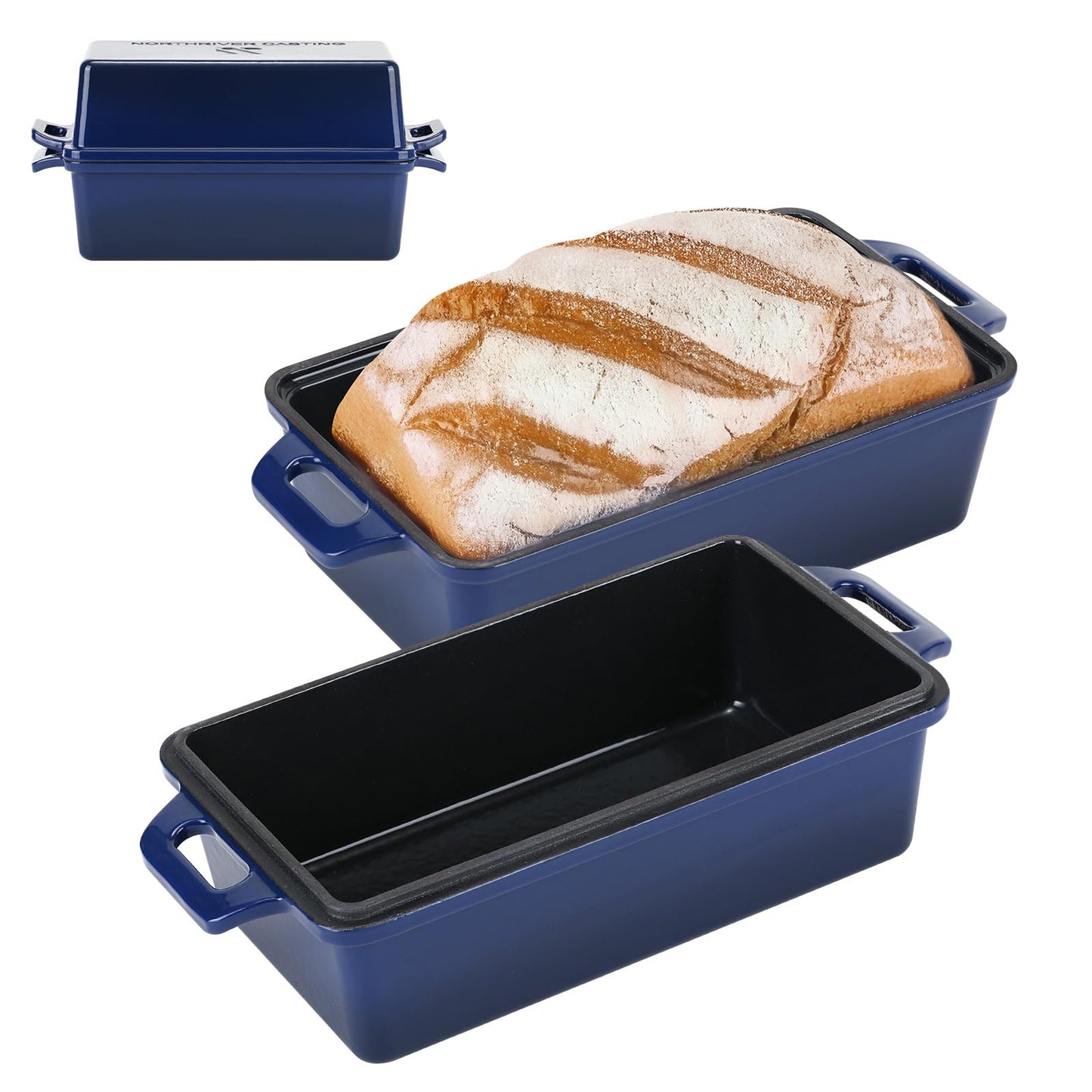 Northriver Casting Enameled Cast Iron Loaf Pan with Lid, Best Bread Oven, Bread Loaf Pans for Baking Homemade Sourdough Bread 9x5, 2 Piece set, Flame