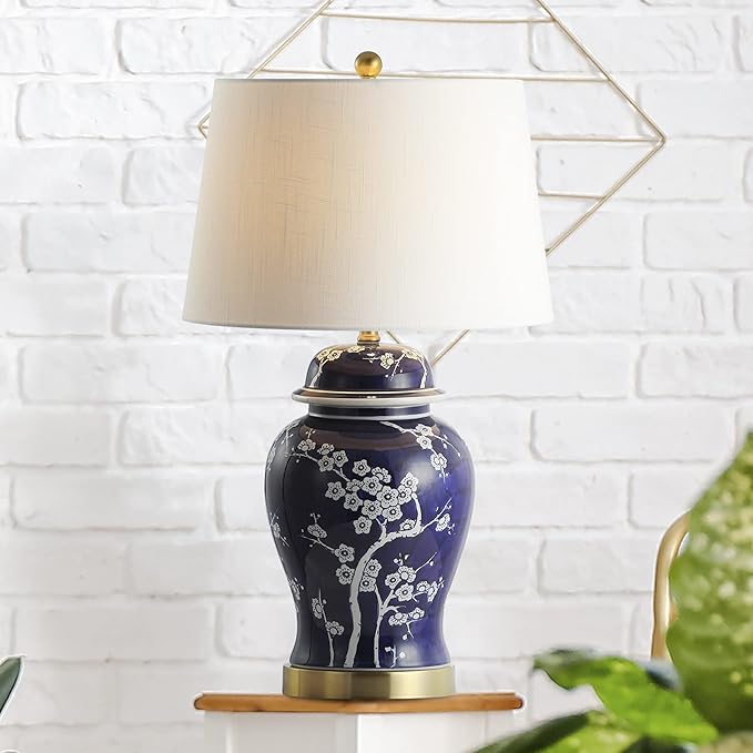 JONATHAN Y Gracie Ceramic Ginger Jar Table Lamp 29.5", White/Navy