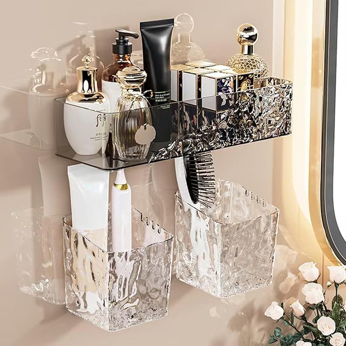 Wall Mounted Bathroom Caddy Organizer, Adhesive Shower Shelf for Inside Shower Caddy Plastic Bathroom Organizers and Storage for Wall, Bath, Makeup, Home Decor, No Drilling (Black)