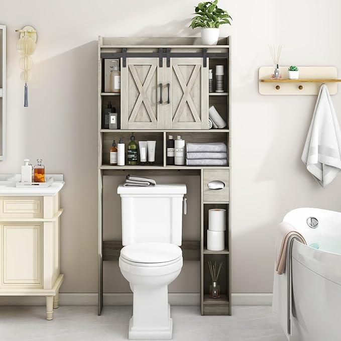 Vabches Over The Toilet Storage Cabinet, Farmhouse Storage Cabinet Over Toilet with Sliding Door& Toilet Paper Holder Stand,Home Space-Saving Toilet Rack, for Bathroom, Restroom, Laundry