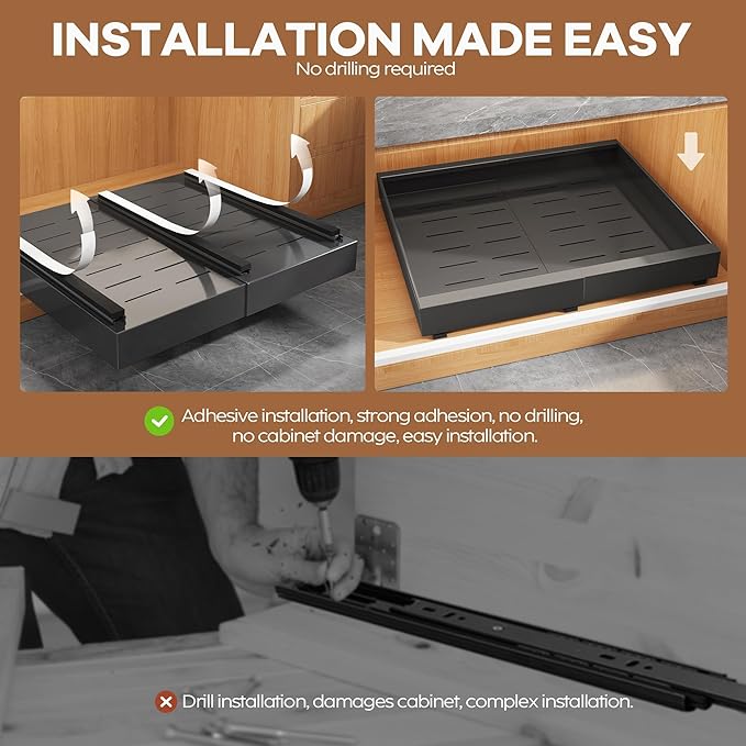 2 Pack Expandable Pull Out Cabinet Organizer 21"Deep With Raising Pad for Framed Cabinets,Upgrade 3 Slide Rails Slide Out Drawers,Roll Out Shelves Adhesive,Adjustable Width 15.15"-26.3" Black