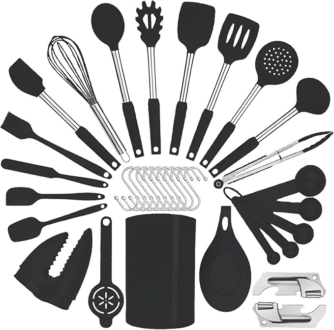 Silicone Kitchen Cooking Utensils Set with Stainless Steel Handle, Spatula Set Utensil Set, Cooking Utensil Set,Kitchen Tools Gadgets for Nonstick Cookware (35, Khaki)