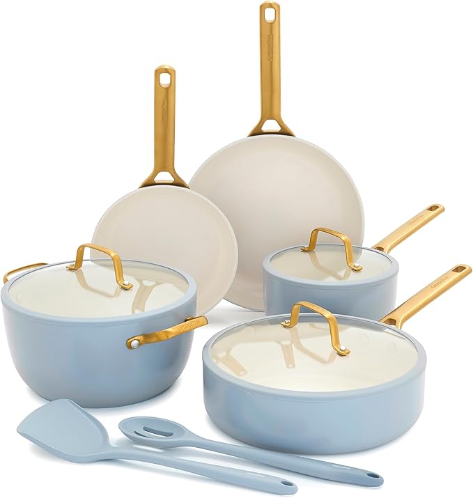 GreenPan Nonstick Reserve Pro 10 Piece Cookware Set, NSF Certified Ceramic, Hard Anodized PFAS-Free Pots & Pans Set with Lids, Stainless Steel Handles, Oven & Dishwasher Safe, Seaside Blue