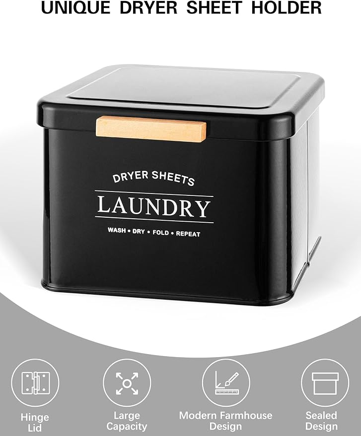 Dryer Sheet Holder with Hinged Lid for Laundry Room Organization, Metal Farmhouse Dryer Sheet Container, Dryer Sheet Box Laundry Room Decor & Accessories (Black)