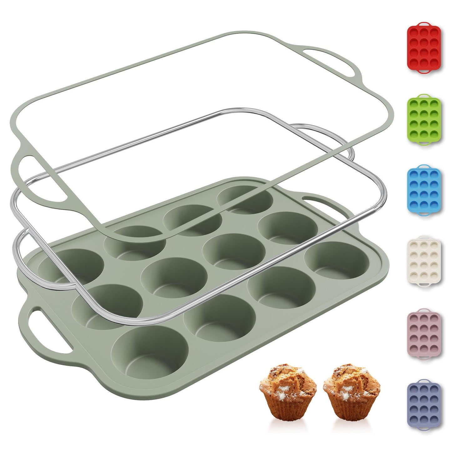 2 Packs 12 Cups Silicone Muffin Pan for Baking with Metal Reinforced Frame Regular Size Cupcake Pan Tray Chocolate Egg Pizza Bites Oven Top Cookie Molds Muffin Tin Tart Pans Sheet Set Bakeware Liner