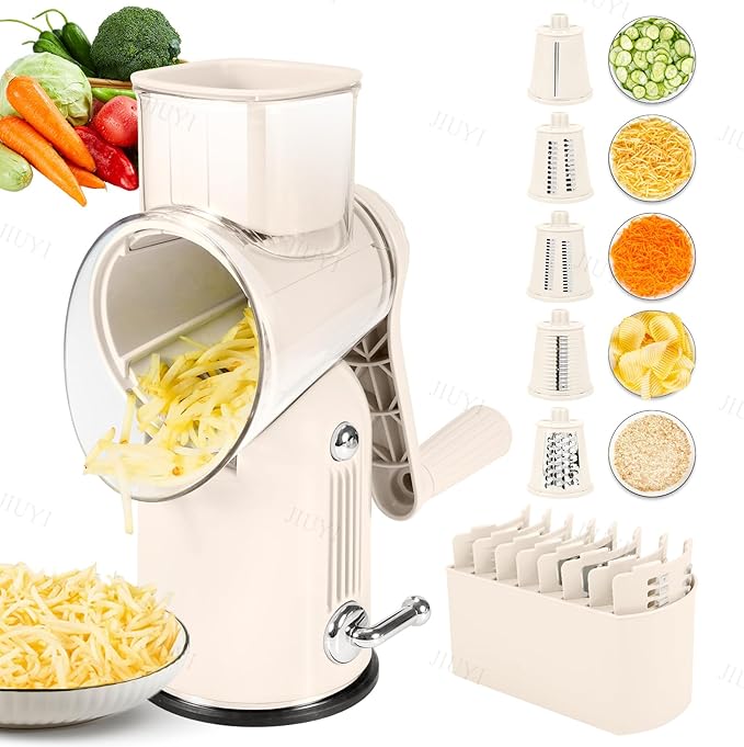 Rotary Cheese Grater with Handle Vegetable Shredder with 5 Interchangeable Blades, Kitchen Food Slicer and Chopper with Strong Suction Base for Fruit Vegetables Nuts with Blade Storage Box (Green)