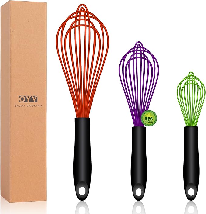 OYV Purple Silicone Whisk Set of 3, 8/10/12 Inch, Dishwasher Safe