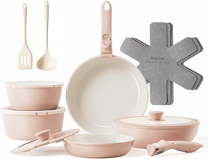 Redchef 16pcs Ceramic Pots and Pans Set Non Stick, Nonstick Ceramic Cookware Set with Detachable Handle, Non Toxic, PFAS PFOA & PTFE Free RV Cookware for Camping, Dishwasher/Oven Safe (Green)