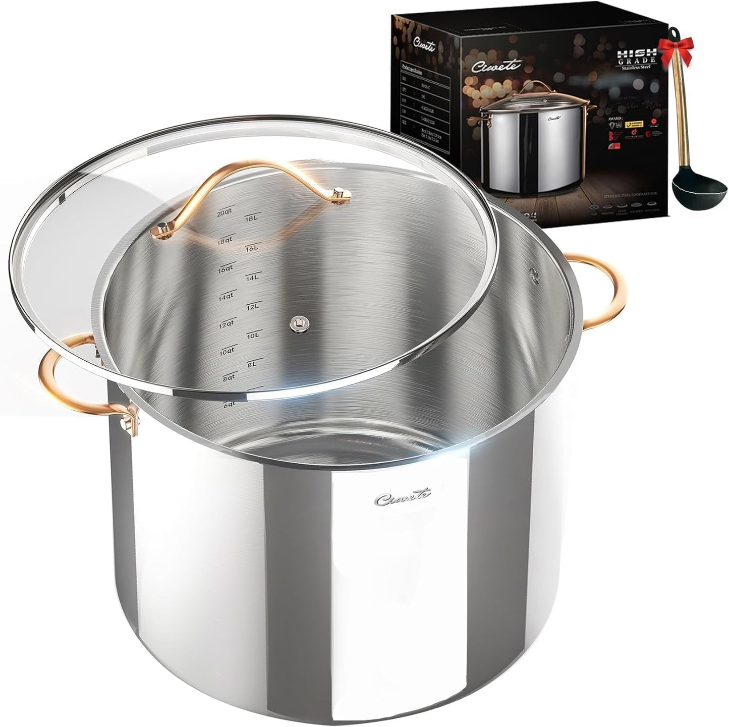 Ciwete Stock Pot 12 Quart, 18/10 Tri-Ply Stainless Steel Whole Clad Stock Pot with Lid, Seamless 12 QT Cooking Pot with Copper Handle, Healthy Stockpots, Induction, Gas, Oven and Dishwasher Safe