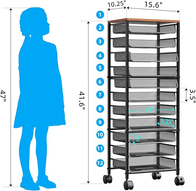 Simple Trending 12 Tier Rolling File Cart,Wood Desk File Organizer with Sliding Trays and Wetal Mesh Paper Letter Storage Multi-Functional Rolling Clutter Cart for Office, Home, School, Black