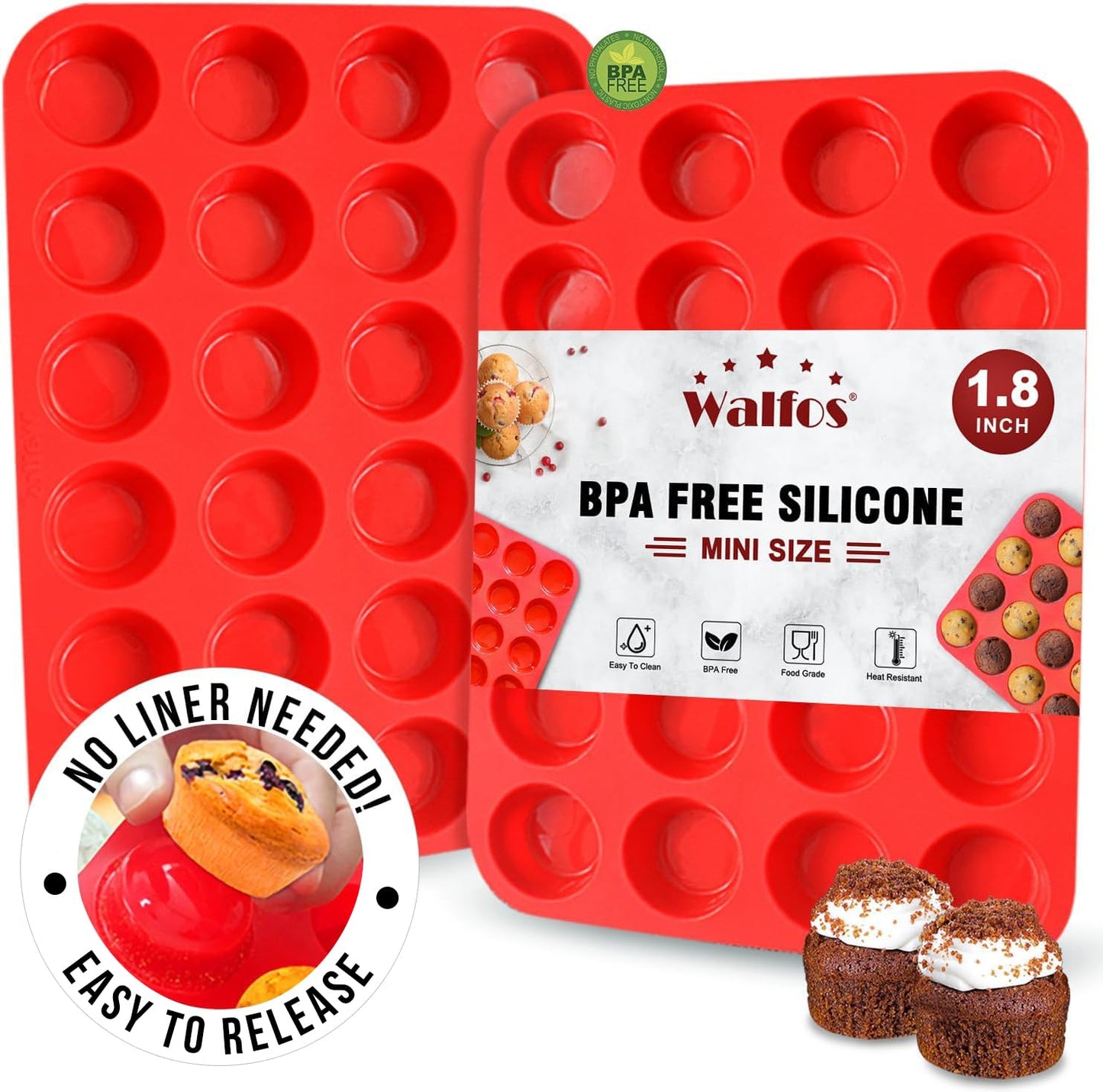 Walfos Silicone Muffin Pan Set of 3, Including Regular 12 Cups Muffin Pans, 24 Cups Mini Muffin Pan & 6 Cups Muffin Top Pan, Non-Stick Cupcake Pan, Easy to Release & Dishwasher Safe