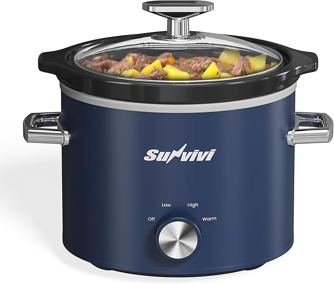 Sunvivi 2 Quart Slow Cooker, Small Slow Cooker with Removable Ceramic Pot, Slow Cookers Food Warmer with 3 Heating Settings & Dishwasher Safe Glass Lid, Grey