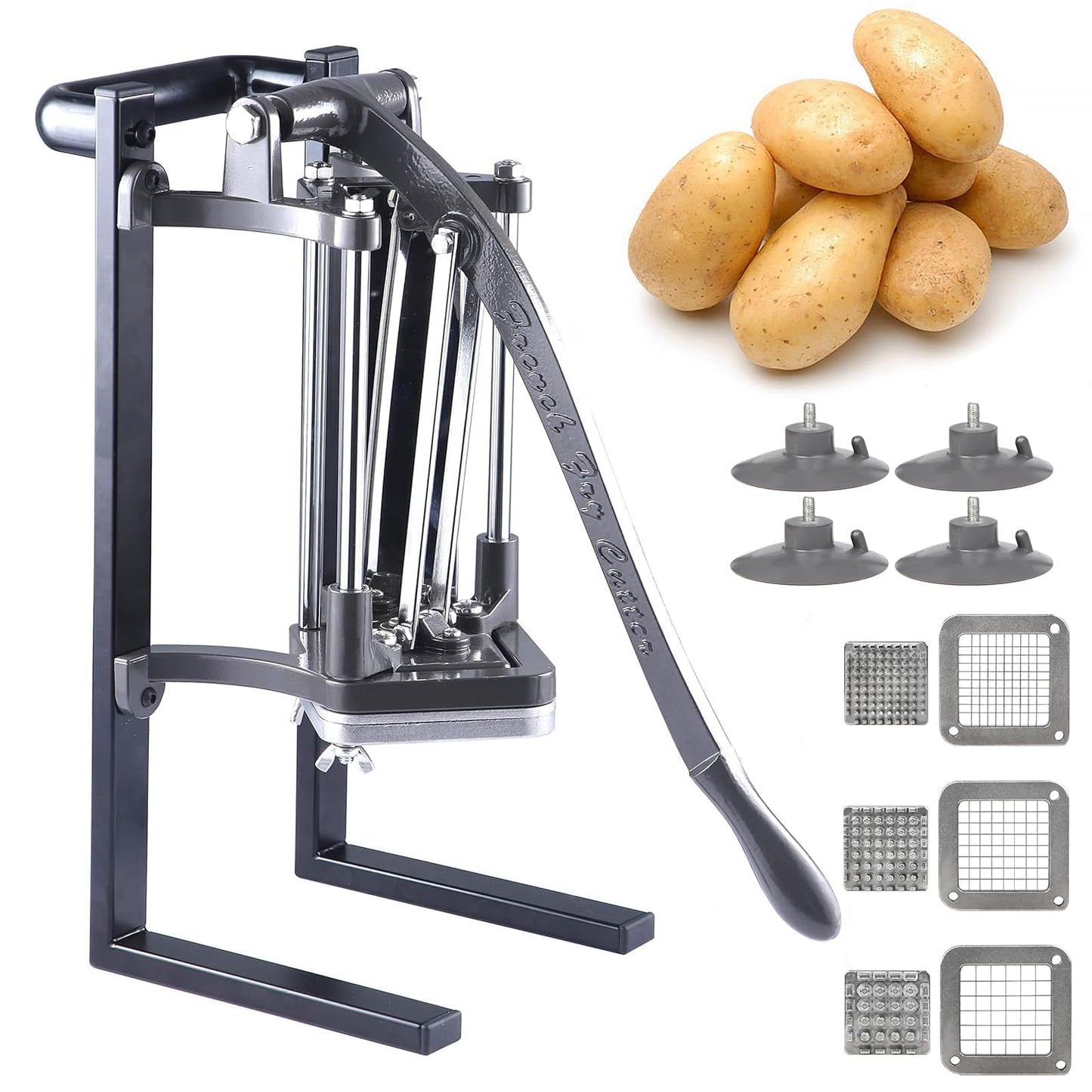 SHSYCER Commercial French Fry Cutter, Heavy Duty Potato Slicer with 3 Stainless Steel Blades 1/4", 3/8", 1/2", Cast Iron Handle, Suction Feet, Manual Vegetable Chopper for Restaurant and Home