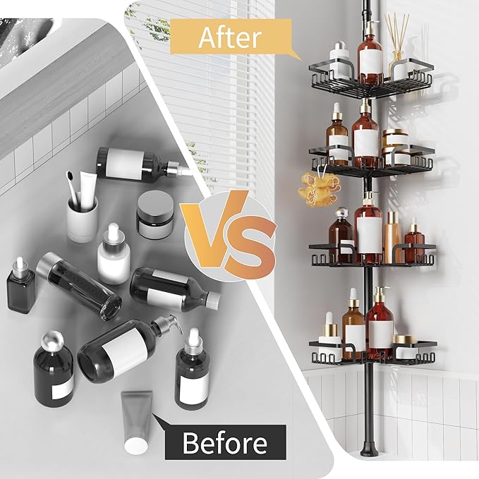 ZUNTO Tension Pole Shower Caddy Corner for Bathroom, Adjustable 25in-114in Floor to Ceiling, Standing Shower Tension Rod Organizer, 4 Tier Storage Shelves with Hooks, Black