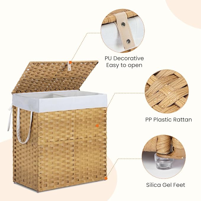 DUMOS Woven Laundry Basket with Lid, 110L Large Capacity Hamper, Removable & Machine-Washable Liner, Foldable Rattan Clothes Hamper, Sturdy Steel Frame, Odor Control, Goose Yellow