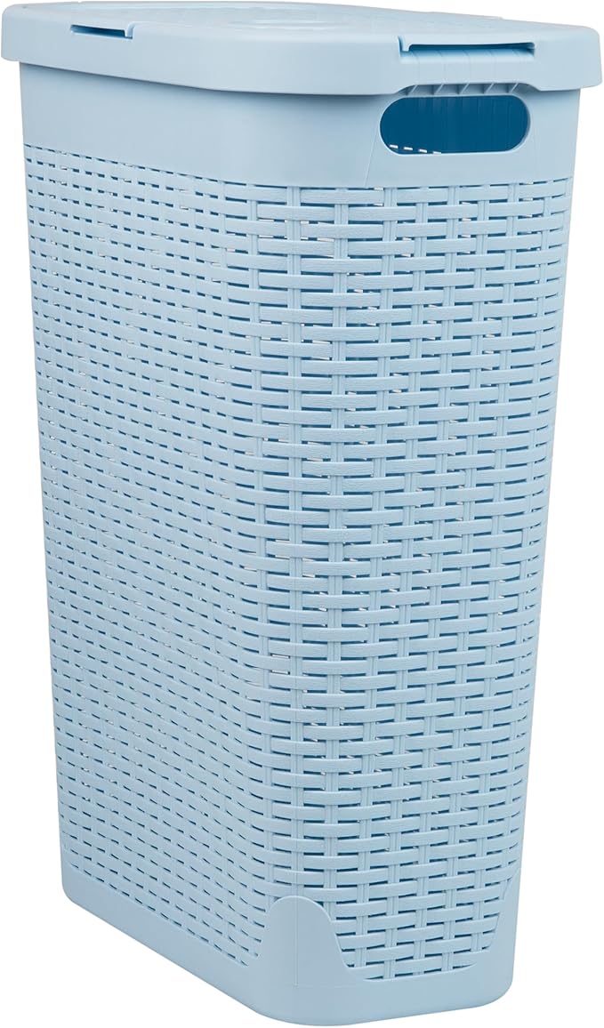 Mind Reader Slim Laundry Hamper with Lid, 40L Clothes Basket, Premium Wicker Design, Plastic, Baby Blue