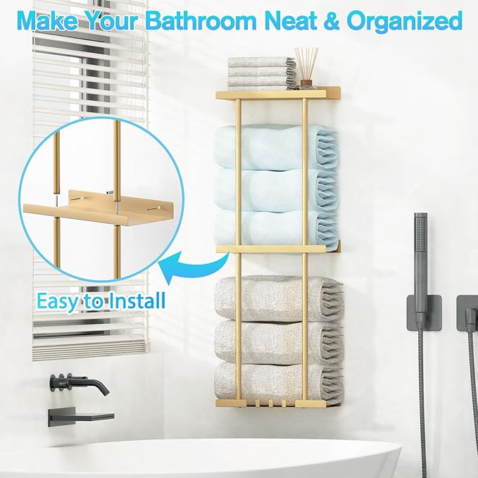 Towel Rack for Bathroom, Wall Mounted Vertical Rolled Towel Storage Organizer Holder with Shelf, Holds Up 6 Large Bath Sheets, Gold Large Size