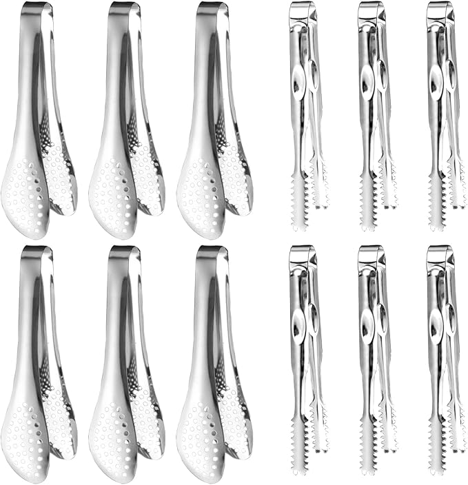 12-Piece Mini Tongs - 5-Inch Stainless Steel Salad Tongs, Small Tongs for Serving Food, Mini Serving Utensils for Appetizers, Party, Coffee, Desserts (Gold)