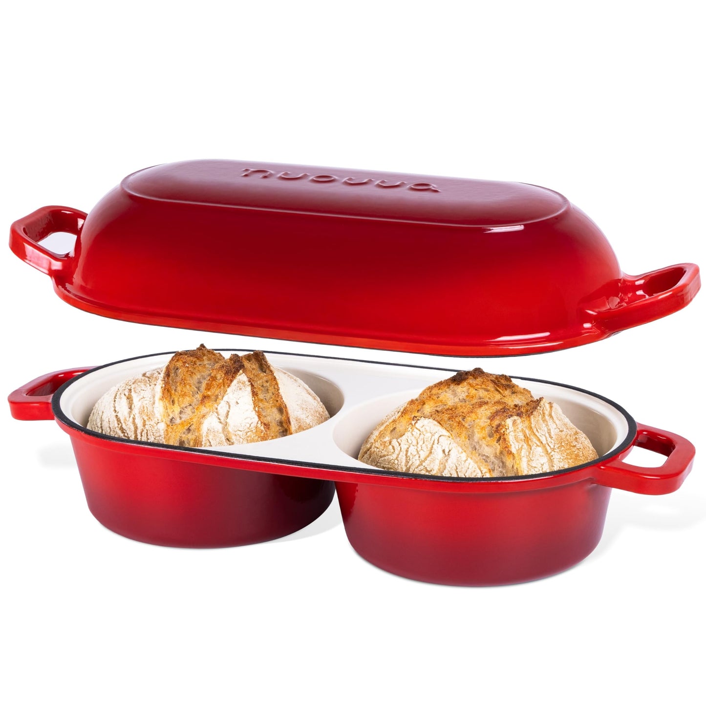 Dutch Oven For Sourdough Bread Baking – Enamelled Cast Iron Bread Loaf Pot – 500°F Oven Safe Non Stick Bread Pot – Double Round Loaf Space, 16.5cm Diameter, Light Blue, – by Nuovva