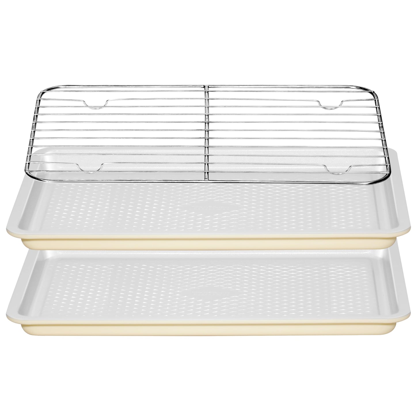 Ymiton Nonstick Ceramic Baking Sheet With Rack, 2-Pack 15x10 Jelly Roll Sheet Pan, Non-Toxic, PTFE & PFOA Free, Warp-Free, Oven Safe 550°F, Dishwasher Safe, Aluminized Steel, Gray Yellow