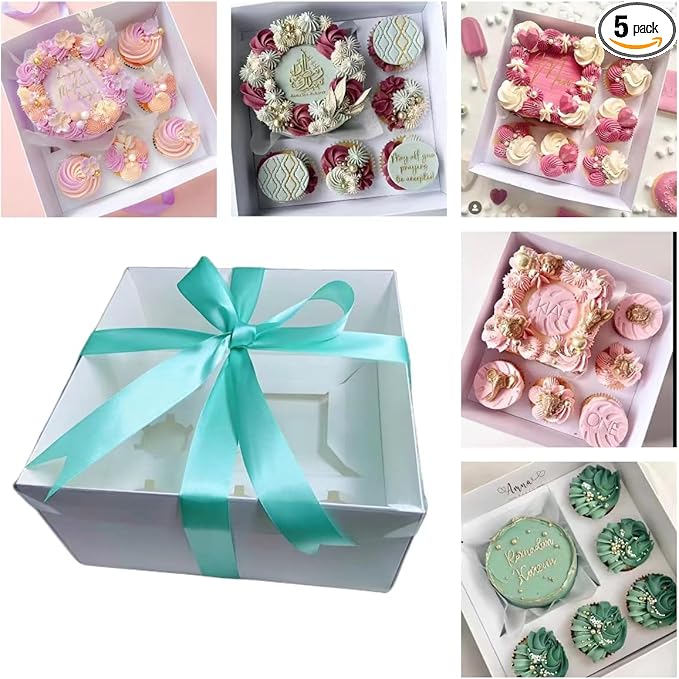 STVIRPOW 5-Pack Cupcake Box Combo with Full Clear Lid and 1.2 wide ribbon1 Small Cake and 5 Cupcakes Storage Container, Ribbon and Stickers for Birthday Party, Mother's Day(Pink ribbon)