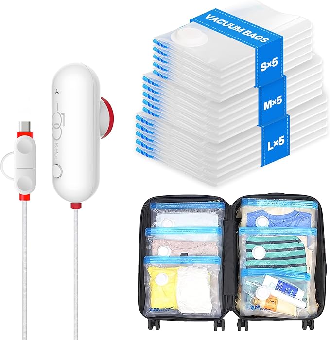 VMstr 12 Pack Travel Vacuum Storage Bags with USB Electric Pump, Compression Bags for Travel, Space Saver for Clothes and Clothing