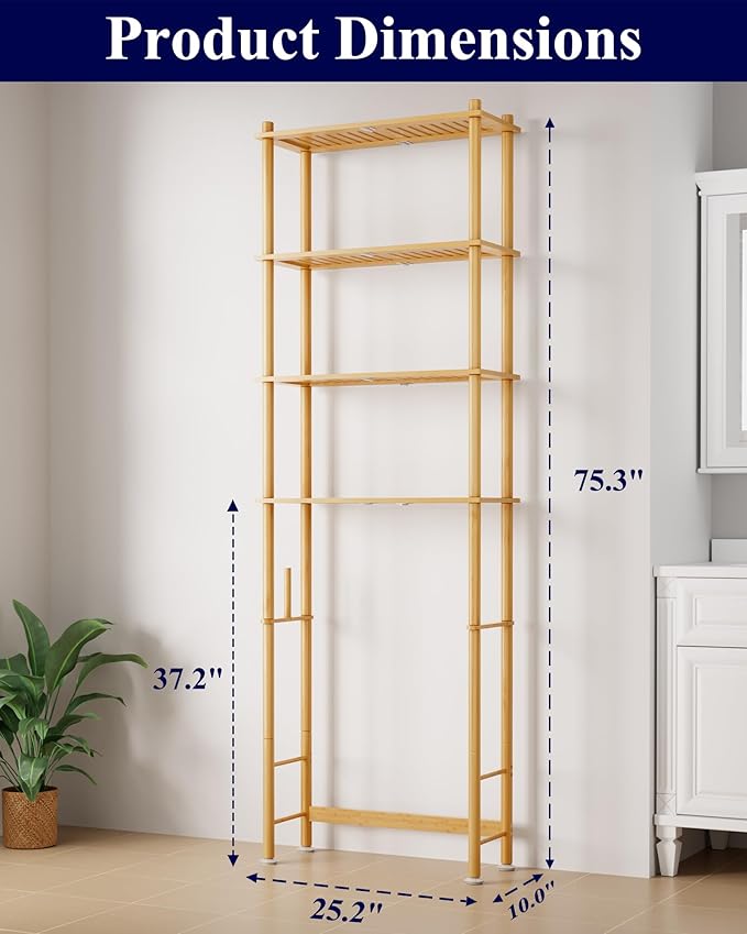 Kitsure 4-Tier Bamboo Over The Toilet Storage Cabinet, Bathroom Organizer and Above Toilet Shelf with Paper Holder, Freestanding Space Saving Rack with Wall Anchor, Natural (75.3” H)