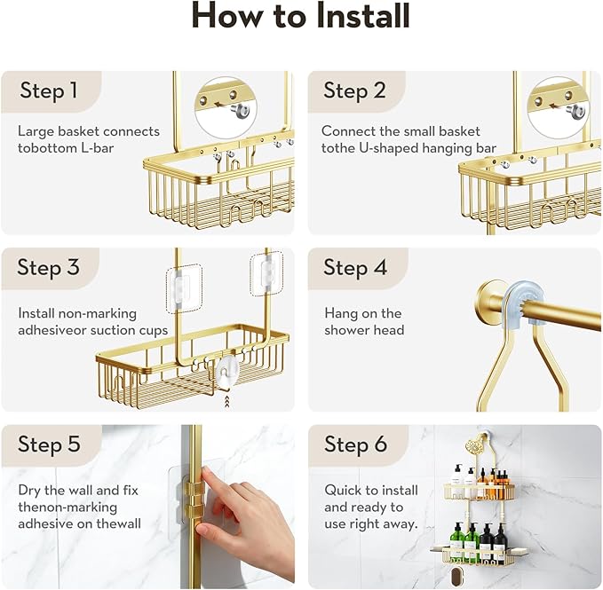 Shower Caddy Hanging, Shower Organizer Hanging, Aluminum Shower Racks for Inside Shower with Hooks for Razor, Never Rust Bathroom Organizers and Storage with Soap Holder, Gold