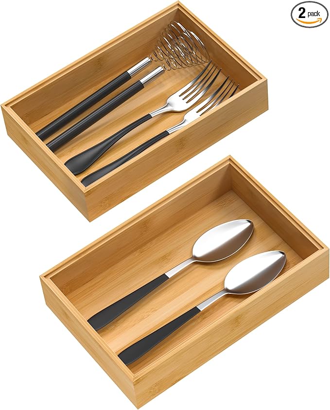 VeyFey Silverware Tray for Drawer, Stackable Kitchen Bamboo Drawer Organizer 9" x 3" x 2" Set of 2