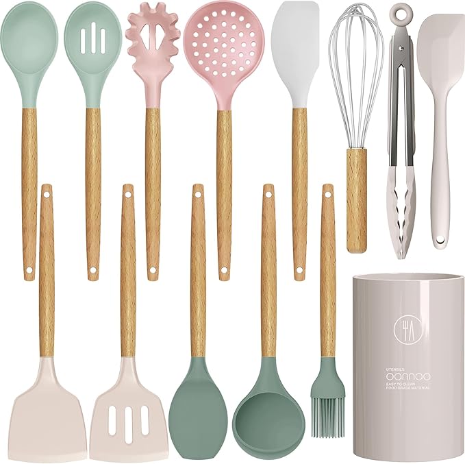 oannao Silicone Cooking Utensils Set Utensil Sets - 446°F Heat Resistant Silicone Kitchen Utensils Set Wooden Handles, Silicone Utensils for Cooking w Holder for Non-Stick Cookware BPA FREE (Black)