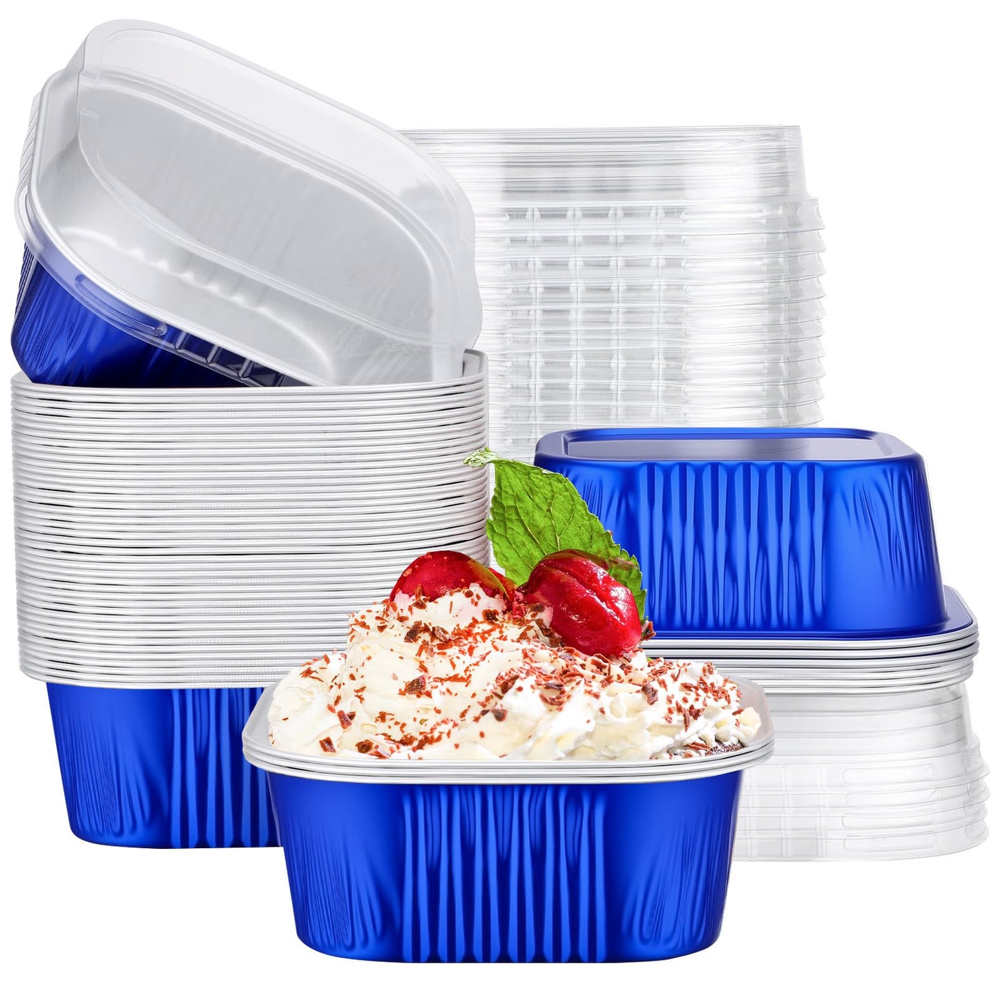 EUSOAR Creme Brulee Ramekins Disposable, 50pcs 10oz Cupcake Liners Foil Baking Cups with Lids, Aluminum Muffin Cups Square Dessert Wrappers Mini Cake Loaf Bread Pans for Wedding Birthday Party