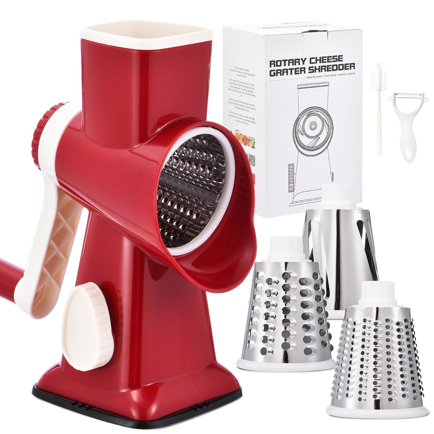 Rotary Cheese Grater with Handle Kitchen Shredder Slicer Grater Slicer Ice Shaver Cheese Vegetable Nuts Potato Zucchini Chocolate 3 Interchangeable Blades (Grey TSP)