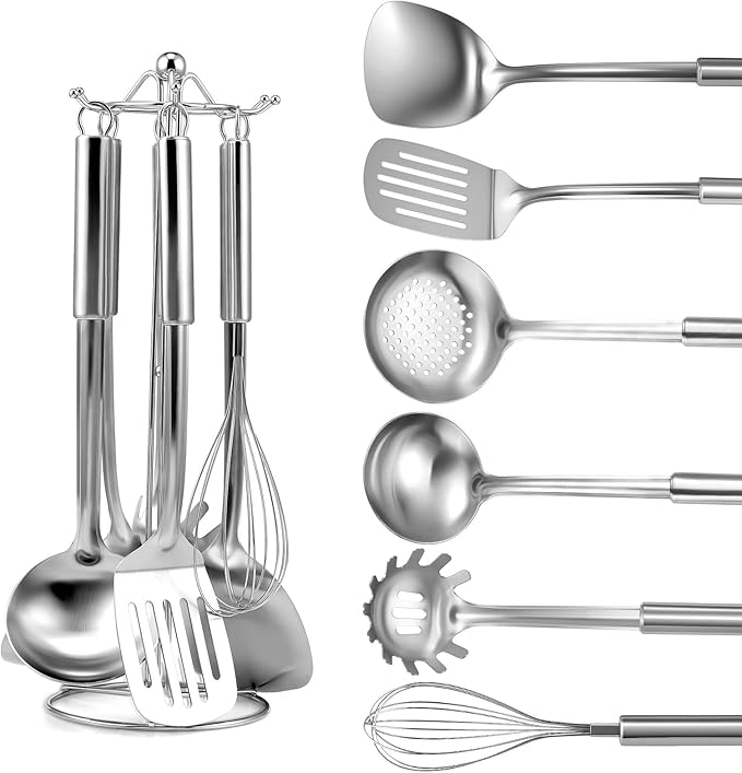 Gymdin Stainless Steel Kitchen Cooking Utensils Set of 7 - Kitchen Utensils with Hanging Rack, Spatula, Slotted Turner, Soup Ladle, Slotted Spoon, Whisk, Pasta Server, Holder, Dishwasher Safe
