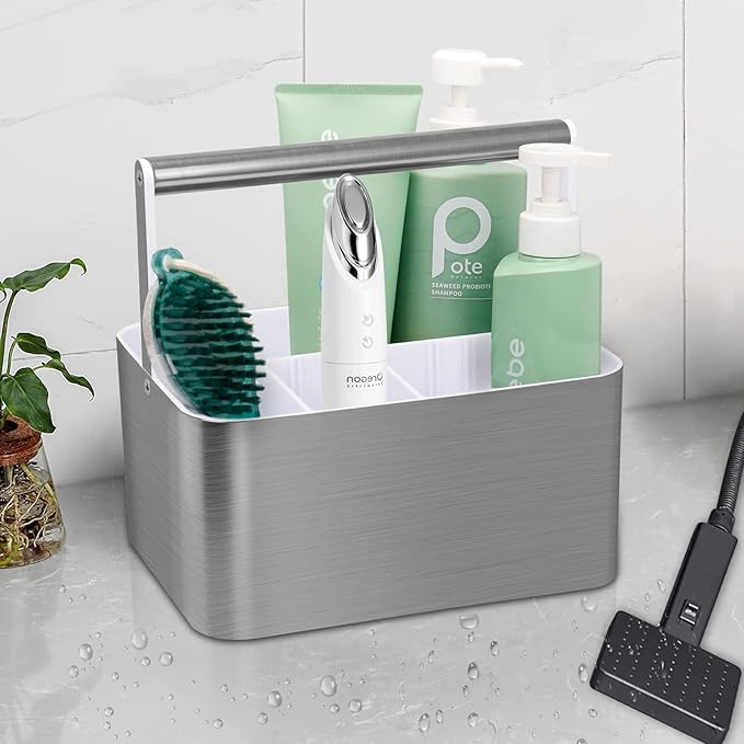 Plastic Shower Caddy Dorm - Portable Bathroom Caddy Organizer with Handle and Divider for College Dorm & Shared Bathroom, Hard Shower Tote for Toiletry, Brushed Nickel White