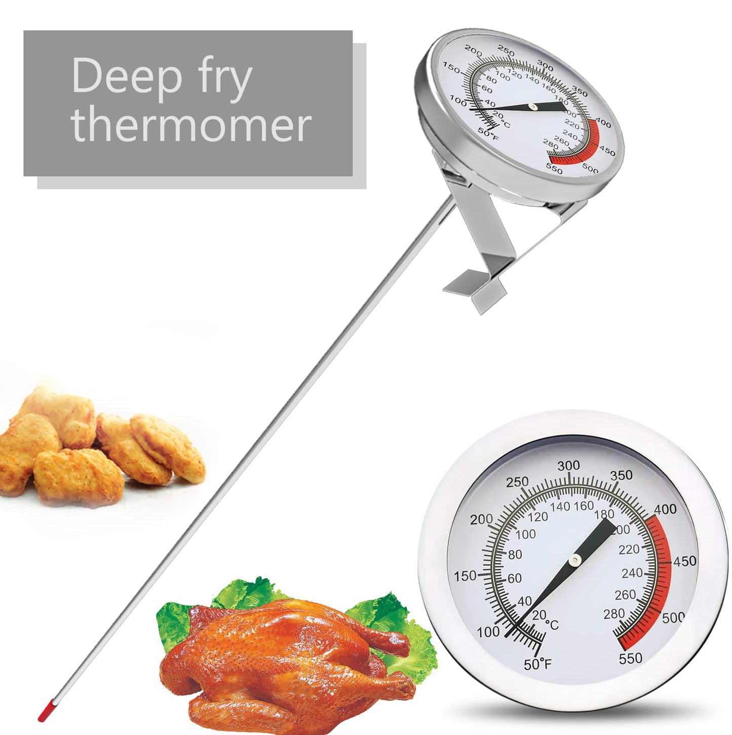 Lightbeam 16" Long Stem Deep Fry Thermometer with Pot Clip, Instant Read 2" Dial Meat BBQ Turkey Thermometer Candy Thermometer for Deep Fry, Turkey, Grill, Candy & Coffee etc