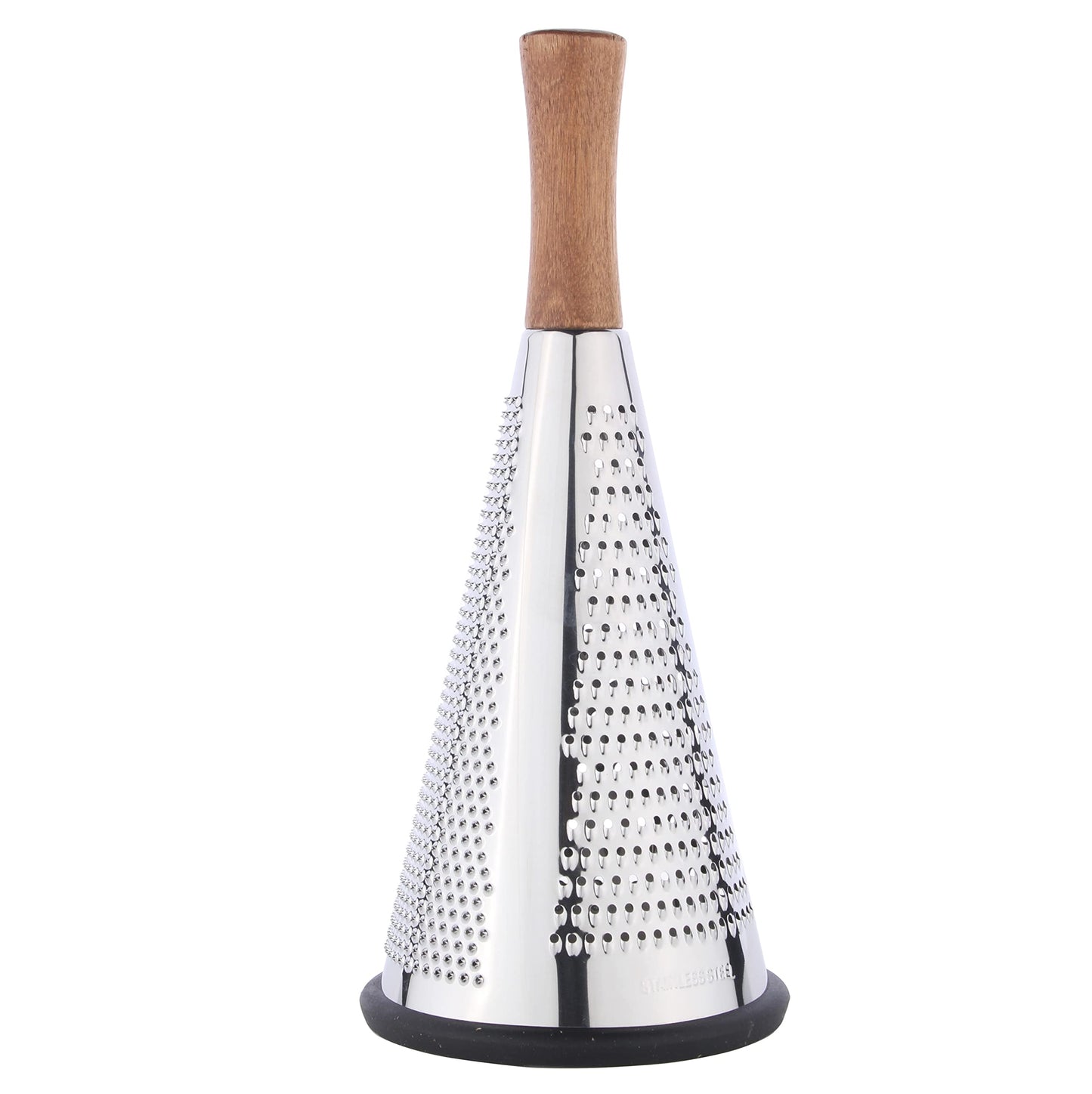 Cone Cheese Grater with Handle - Stainless Steel Triple Function Wood Handle Parmesan Shaver Non-Slip Rubber Bottom Hand Held Multifunction Vegetables Cheese Grater with container (M: 9.4" X 4.3")