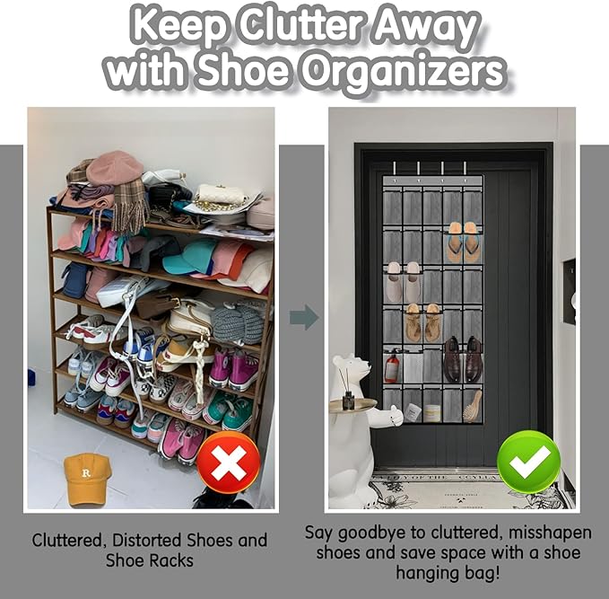 Over the Door Shoe Organizer with 30 Breathable Mesh Pockets - Large Capacity Closet Storage for Men & Women, Hanging Shoe Rack Organizer (2PC-Gray)