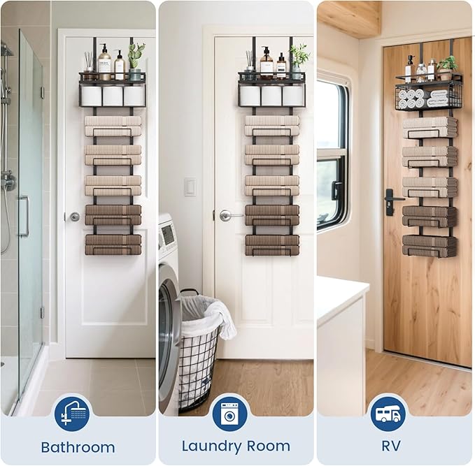 Towel Racks for Bathroom Over The Door Towel Racks Towel Storage Organizer with Metal Shelf Basket for Bathroom Rv Camper (7-Tier Black)