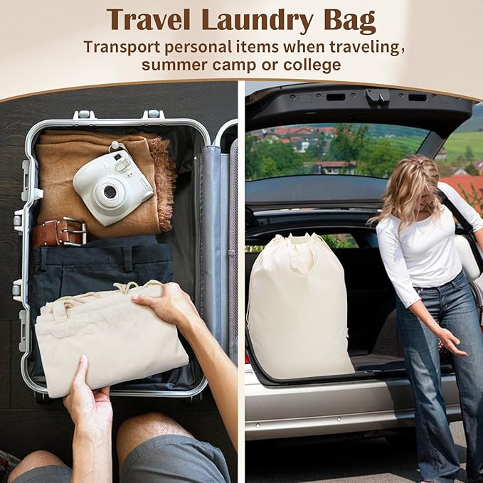 Canvas Laundry Bag with Handles & Drawstring 23.6"Wx35"H, Hanging Dirty Clothes Travel Bag, Heavy Duty Washable Laundry Sack (NOT Hamper Liner) - 2 Pack