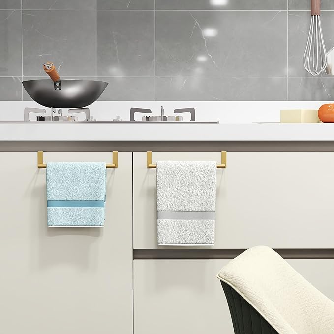 Over The Door Towel Rack, Kitchen Towel Holder Over Cabinet Door Towel Bar Stainless Steel for Cupboard for Kitchen Dish Towel Holder Hanger, 2 Pack (Gold)