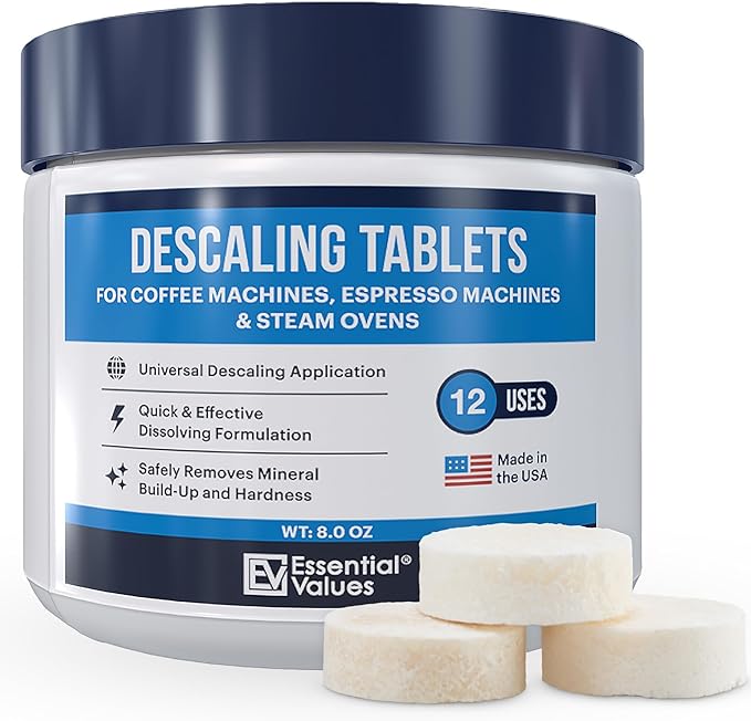 Essential Values Descaling Tablets, Coffee Maker Cleaner Compatible with Keurig Coffee Machines, Breville, Delonghi, Jura, Miele, Bosch, Tassimo Espresso Machines and Miele Steam Ovens (Pack of 24)
