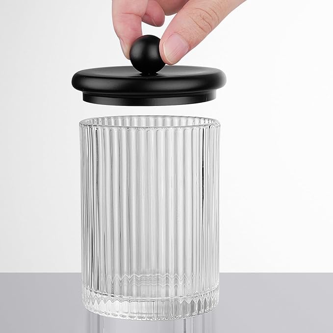 SheeChung 2-Pack Black Ribbed Glass Qtip Holder - Apothecary Jars Bathroom Organizer with Metal Lids - Countertop Vanity Canister Set for Cotton Swabs, Rounds, Pads, Floss Picks