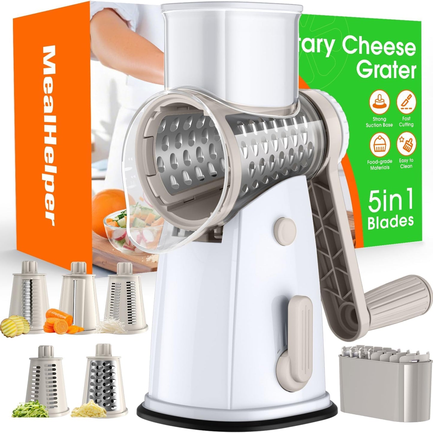 MealHelper 5 Blade Rotary Cheese Grater and Vegetable Chopper with Storage Box and Hand Crank, Compact Shredder for Cheeses, Veggies, Nuts - Easy to Use, Non-slip Suction Base,Black