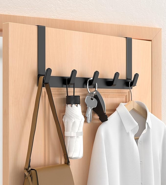 Over The Door Hooks Hanger, Heavy Duty Rack for Winter Coat, Fits 1 3/4" Doors, L7U - Bathroom Accessories and Towel Organizer Holder - Black