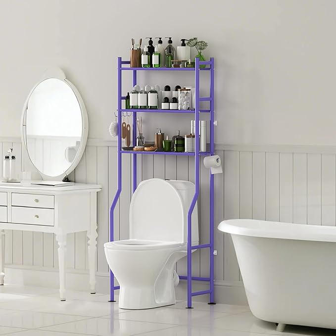 3-Tier Over The Toilet Storage with Paper Holder, Metal Bathroom Organizers and Storage for Small Space, Freestanding Bathroom Shelves with 4 Hooks, Above The Toilet Storage Shelf (Purple)