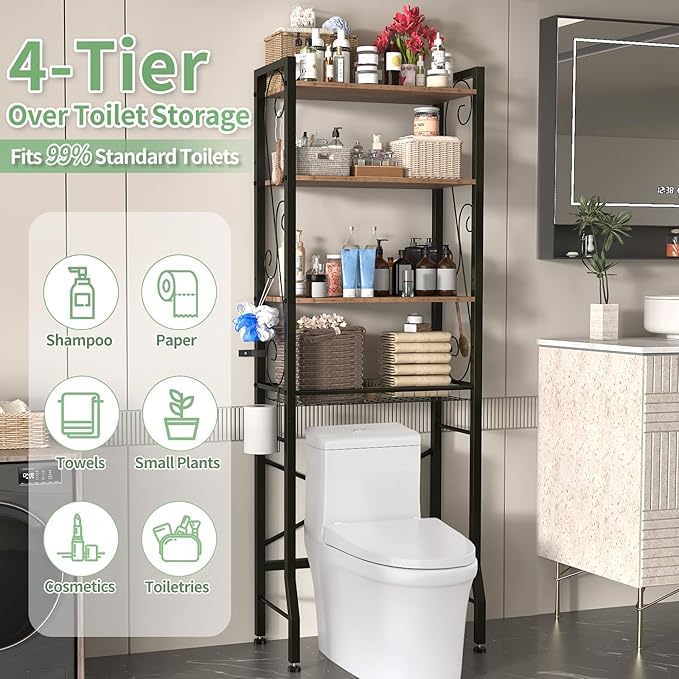 Over-The-Toilet Storage Rack 4-Tier,Bathroom Organizer Shelf Over Toilet,Adjustable Wooden Shelves and Basket,Freestanding Above Toilet Shelf,Space Saver for Rooms(Black Rack-Rustic Brown Shelves)