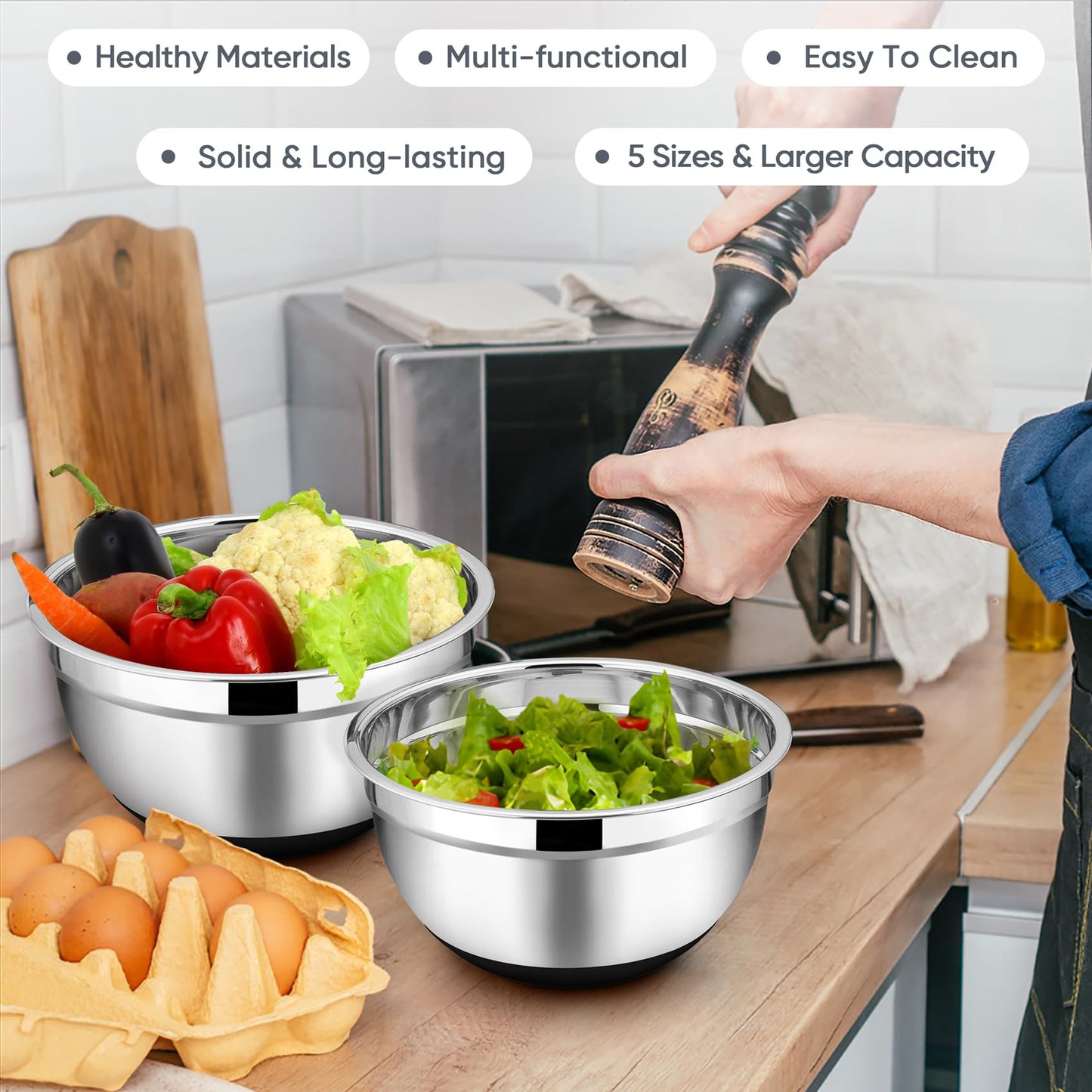 TeamFar Mixing Bowls, Salad Bowls with Airtight Lids, Black