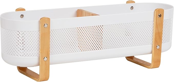 Mind Reader Divided Storage Basket with Legs, Accessory Holder, Desktop Organization, Office, Plastic, 19.25"L x 5.25"W x 6.5"H, White and Brown