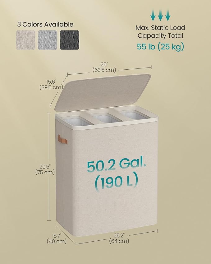 SONGMICS Laundry Basket, 50.2 Gal. Laundry Hamper, 3 Compartments, Easy Assembly, with Lid and Handles, Removable Liners, 25.2 x 15.7 x 29.5 Inches, Cappuccino Beige ULCB814LH01